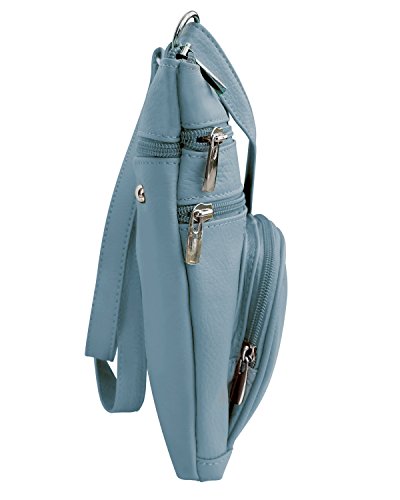 Roma Leathers' Cross Body Purse - Premium Light Blue Colored Cowhide Leather - Multi Zippered Pockets - Front Organizer Pocket With Credit Card Slots - Adjustable Shoulder Strap - Designed in U.S.A.3
