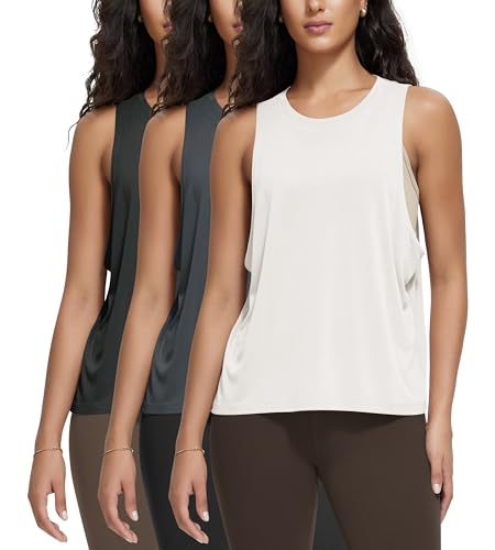 ODODOS 3-Pack Loose Tank Tops for Women Sleeveless Gym Athletic Workout Tops Basic Yoga Shirts, Black, Charcoal, White, Medium