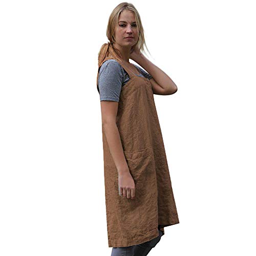 Women’s Pinafore Square Apron Baking Cooking Gardening Works Cross Back Cotton/Linen Blend Dress With 2 Pockets #TOP3