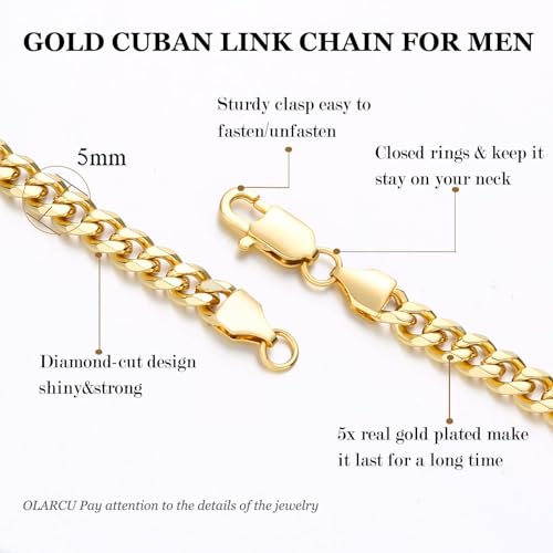 OLARCU 7mm 18K Real Gold Plated Cuban Link Chain for Men, Mens Stainless Steel Gold Chain Necklace Jewelry for Men (18 Inches)
