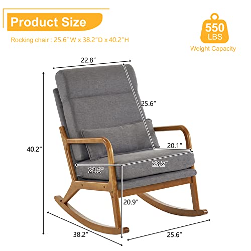 Pazezog Rocking Chair,High Back Mid-Century Modern Accent Chair,Nursery Rocking Chair With Wooden Armrest,Upholstered Glider Rocker With Lumbar Pillow For Living Room #TOP1