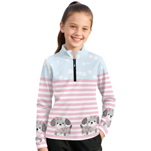 Chririnla Striped Puppy Athletic Sweatshirts for Teen Girls Age 6-12,Girls' Sun Protective Clothing - Youth Kids Long Sleeve Quarter Zip Pullover for All-Day Outdoor Activities,6Y