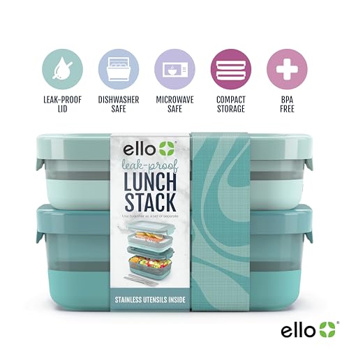 Ello 2-Pack Lunch Stack Plastic Food Storage Container Bento Box with Airtight, Leak-Proof Locking Plastic Lids and Silicone Base, BPA-Free, Freezer, Microwave, and Dishwasher Safe, Mint Chip by Ello - Image 2