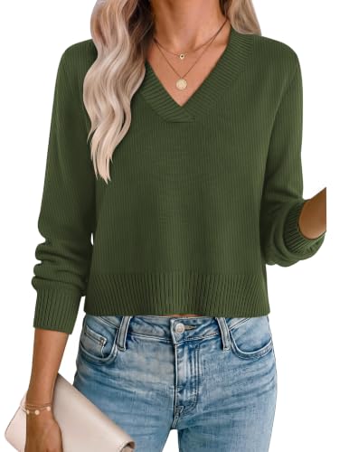 Zeagoo Womens Sweaters 2026 Fall V Neck Cropped Sweater Trendy Long Latern Sleeve Ribbed Knit Pullover Tops Army Green - image 1