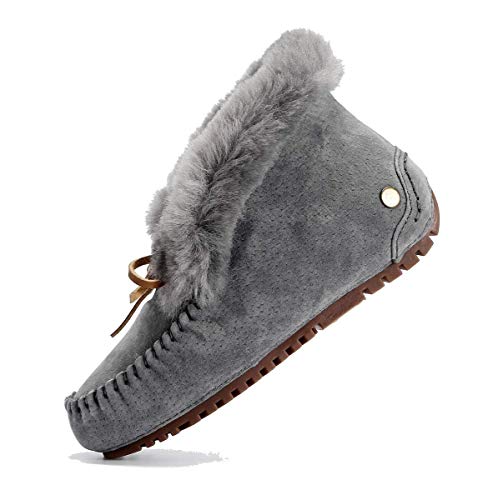 Image of Women's Moccasin Slippers with Warm Wool Lining, Pigskin Leather Non-Slip Rubber Sole for Indoor and Outdoor Casual Winter Flat Shoes