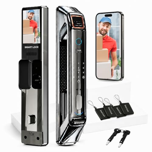 Smart Door Lock with Camera & 3D Face Recognition: Biometric Palm Vein Scanner Keyless Entry Door Lock, JLINK App Control, Fingerprint, Passcode, IC Card, Built-in Doorbell, and Rechargeable Battery