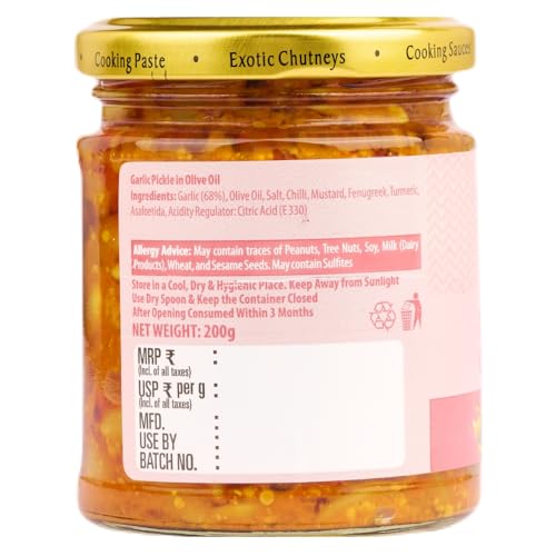 Image of SWAD Garlic Pickle in Olive Oil 200g | Spicy Garlic Achar with Olive Oil | Made with Fresh Premium Ingredients & Traditional Spices | Ideal for Enhancing Meals