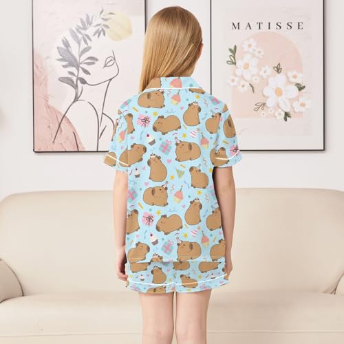 Cute Capybara Birthday Party Pattern Summer Satin Pajama Set, Cute Button-Down Sleepwear Pj Set for Sleep Wears4