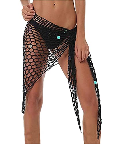 Black Swimwear Cover Up Net Sarong,Sexy Fashion Beach Hand Crochet Shawl Capelet Triangle Fishnet Net Skirt.(SJJ41)