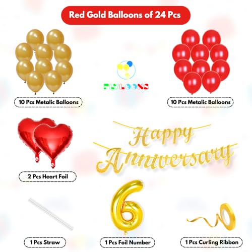 Image of Flyloons 6th Happy Anniversary Decoration Items Red Gold for Men Women Husband Wife Mom Dad Parent Couple Home Bedroom Car With 20 Pcs Metallic Balloons Anniversary Banner 2 Pcs Heart Set Kit