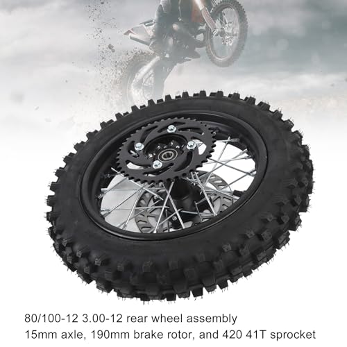 12 Zoll Dirtbike-Hinterradfelge 80/100 12 3.00 12 Hinterradreifen und Felgenschlauch 15 Mm Achse mit Bremsscheibe und 420 41T Kettenrad Premium-Qualität für Offroad-Motorräder