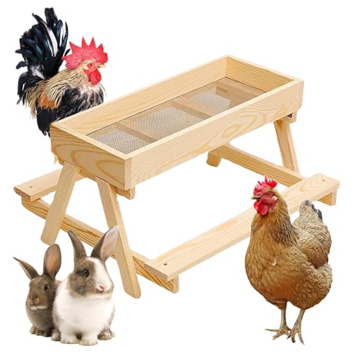 Mesa de picnic de pollo, mesa de pollo con parte inferior de malla, suministros de madera, soporte inferior de malla que mantiene la comida fresca y seca para granja, al aire libre, ganado, pavo, pato