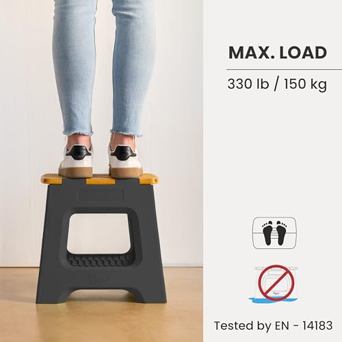 Image of Vigar Compact Folding Step Stool, 12-1 /2 in, Black Bamboo Print | 12-1 /2 in Foldable Stool, Lightweight Portable Design, Handle, Non Slip Surface, Space-Saving, Supports up to 330 lb