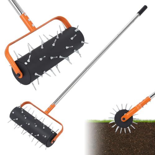 15" Rolling Lawn Aerator, Heavy Duty Manual Aerator Tool with 42 Spikes, Lawn Spike Aerator Roller with 61'' Adjustable Handle, Soil Penetrator Push Lawn Aeration for Garden Yard Patio by Garvee - Used condition - US$43.99