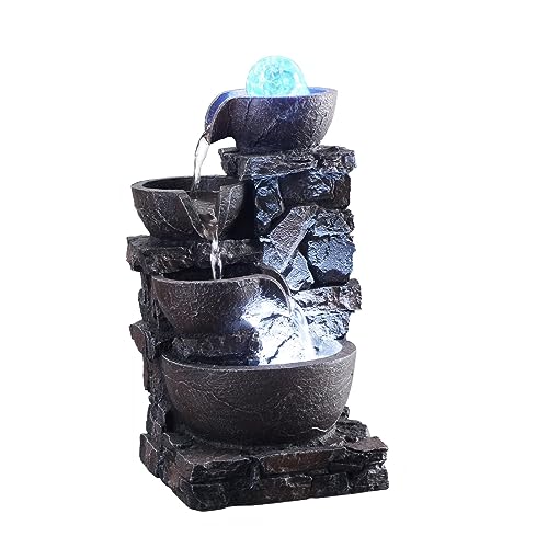 Mseonwxi Tabletop Fountain Indoor Stone Four Bowls Waterfall Natural River Rocks Home Décor Decorated Colorful Cold Rgb Lights Rolling Ball  thumb #4