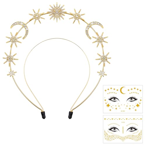 Haarreif Sonne Mond und Sterne,Stern Haarreif Damen,Krone Sterne Kristall Stirnband mit 2 Temporäre Tattoos,Glitzer SonneMond SterneHaarreif Zubehör für Frauen Boho Hochzeit Karneval Kopfschmuck Haarreif Sonne Mond und Sterne,Stern Haarreif Damen,Krone Sterne Kristall Stirnband mit 2 Temporäre Tattoos,Glitzer SonneMond SterneHaarreif Zubehör für Frauen Boho Hochzeit Karneval Kopfschmuck
