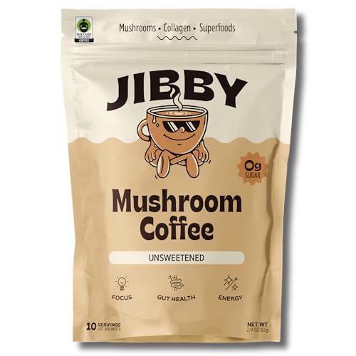 Jibby Mushroom Coffee - Organic Instant Coffee Powder with Collagen, MCT Oil, Superfood Mushrooms - Detox Mushroom Coffee Powder for Energy, Focus, Digestion, and Gut Health - 10 Servings