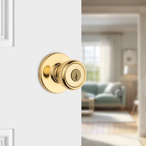 Image of Kwikset Tylo Entry Door Knob with Lock and Key, Secure Keyed Handle Exterior, Front Entrance and Bedroom, Polished Brass, Pick Resistant SmartKey Rekey Security