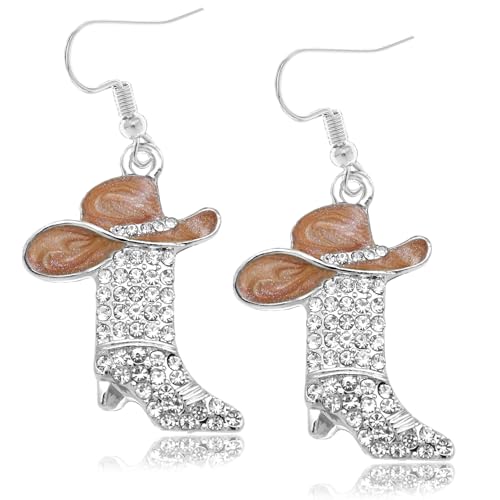 Rhinestone Western Boots Independence Earring Cowgirl Cowboy Enamel Hat Bohemian Rodeo Boot Drop Dangle Ear rings for Women,Clear Crystal,Fluid Pearl Brown Hat