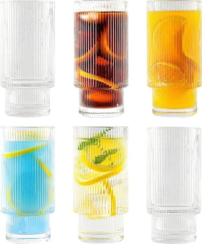 Image of criterion Ribbed Glass 300ml Rigid Drinking Glasses for Cocktail, Whiskey, Water, Juice, Iced Coffee Bar Accessories,Smoothies, Vintage Glassware (6)