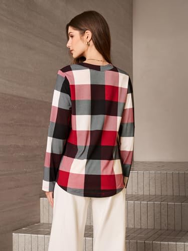 Image of Dokotoo Womens Tops Plaid Cotton Cuffed 3 /4 Sleeve Shirts Blouses