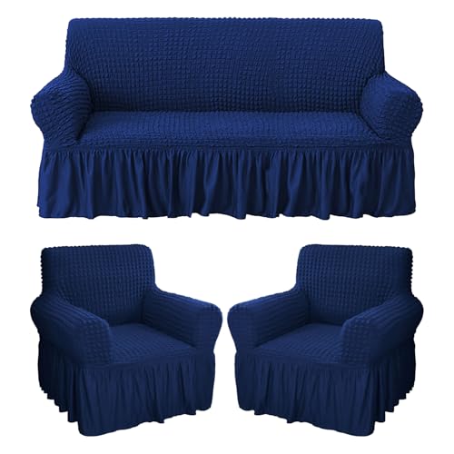 Image of House of Quirk Turkish Bubble Frill Five Seater 3 + 1 + 1 Sofa Slipcovers 280 GSM, Durable Washable Universal Triple Seater High Elastic Furniture Protector (Navy)