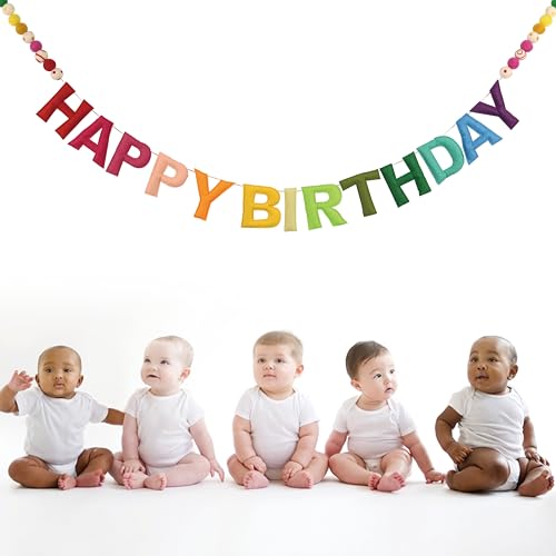 Image of Pre-Strung 3D Felt Happy Birthday Banner - Reusable Rainbow Happy birthday Decorations Sign,Handmade Wool Felt Ball Garland, Pom Pom Garland, Personalized Holiday Sign, Party Decor, Photo Prop