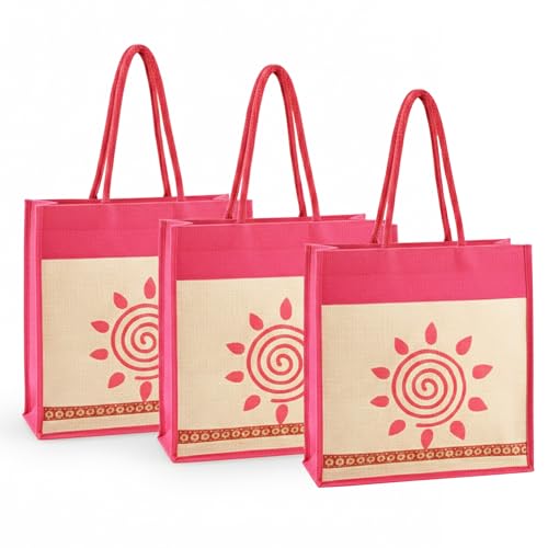 Image of Kuber Industries 3 Pcs Jute Medium Shopping Bag for Women with Handle | Reusable Carry /Shopping Bag for Grocery | Sunflower Print - Cream & Pink