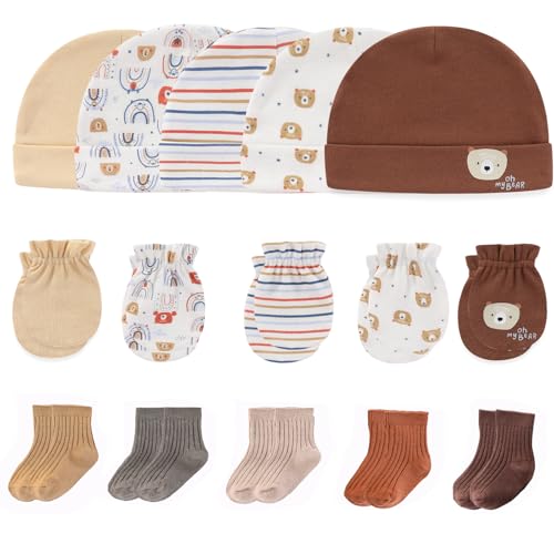 Image of MAMIMAKA Newborn Baby Boy Girl Caps Mittens Socks Set Cotton Baby Essentials Accessories (Hats+Gloves+Socks)