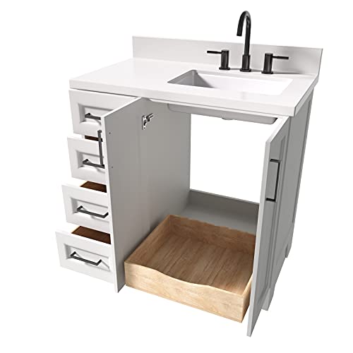 Ariel 37" Inch White Bathroom Vanity With 1.5" Edge Pure White Quartz Countertop | Right Offset| Rectangle Sink | 2 Soft-Closing Doors | 5 Full Extension Dovetail Drawers | Satin Black Hardware #TOP2