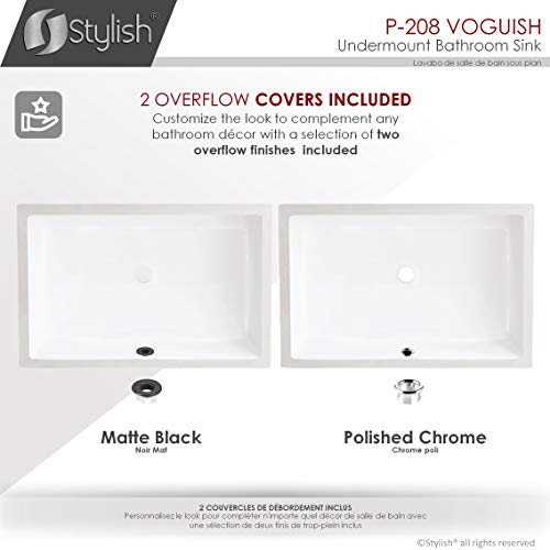Stylish 24 1/2 Inch Ceramic Rectangular Undermount Bathroom Sink With Enamel Glaze Finish, Smooth & Stain Resistant Surface, Polished Chrome And Matte Black Overflow, P-208 #TOP7