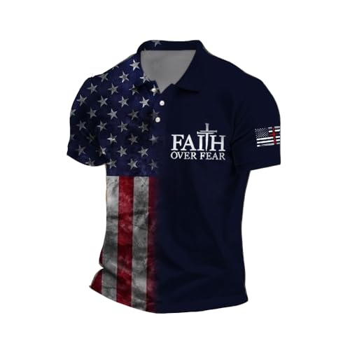 Men's Faith Cross America Flag Printed Polo T-Shirt Religious Patriotic Shirts