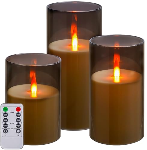 Kiexung LED-Kerzen, neue analoge 3D-Docht batteriebetriebene Kerze, gefälschte Kerze mit Fernbedienung und Timer für Esstisch/Café/Wohnzimmer/Schlafzimmer/Hochzeitszentrum Dekor (grau)