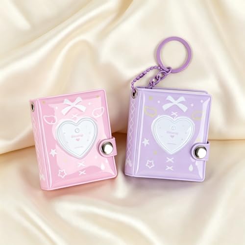 Image of HASTHIP Mini Photo Album Keychain Set of 2 Portable Photocard Binder Holders Mini Photos Book with Heart Charm for Travel and Daily Use