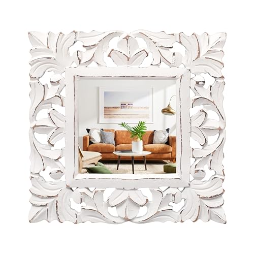 The Wooden Town Espejo de pared cuadrado blanco de 10 pulgadas, espejo de pared decorativo con marco de madera, espejo de granja para decoración de pared, espejo de baño, espejo colgante para sala de