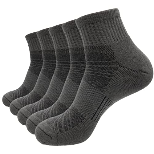PEARL CARE Mens Dark Grey Combed Cotton Cushioned Athletic Hiking Ankle Quarter Socks (5 Pack) w/Arch Compression Moisture-Wicking Breathable Soft Padded Sports Socks