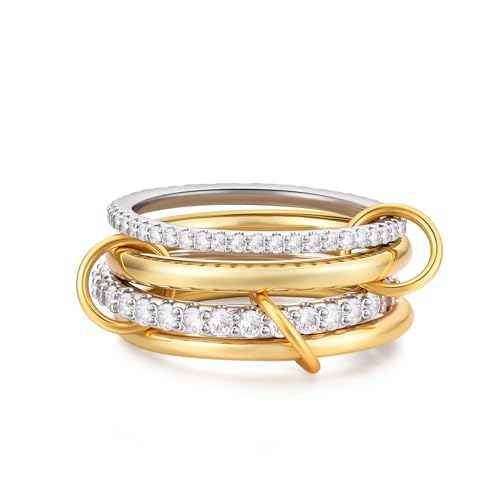 14K Gold Plated Interlocked Stackable Rings for Women Non Tarnish,Gold and Silver Cubic Zirconia Statement Rings Set,Mixed Metals Ring Two-Toned Connected Bands Stacking Jewelry