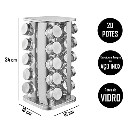 Porta Temperos Inox 20 Potes Suporte Giratório Quadrado MM House