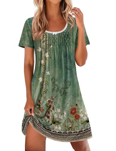 Image of Ekouaer Nightgowns for Women Pleated Sleep Shirts Short Sleeve Night Shirts Lace Trim Night Gown Ladies Sleep Dress