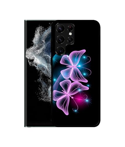 Image of Butterflies Neon Light Design Premium 2D Printed Metal Back Case Cover for Samsung Galaxy S22 Ultra 5G
