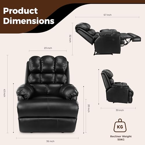 Image of Little NAP Single Amet Soft Leatherette Motorized Recliner | Padded Seater Aram Sofa | Relaxing Chair for Home Office Movie Theater Room | Black