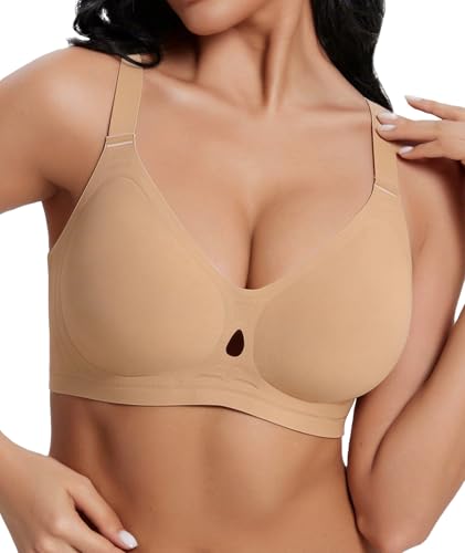 Mobeso Jelly Bra for Women - Seamless Wireless Bra with Support and Lift, Invisible T-Shirt Bra, Comfort Sleeping Bralettes, Full Coverage No Wire Push Up Bra(Latte-L)
