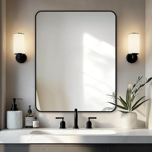 Image of Delma Bathroom Vanity Mirror, Black Framed Mirror for Over Sink, 30x24 | HD glass, distortion-free for makeup and grooming, Sturdy frame, all mounting hardware, hangs horizontal or vertical