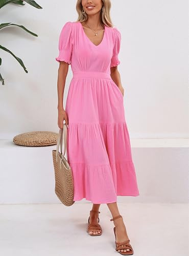 Image of YEXPINE Women's Cotton Tiered Midi Dress Short Sleeve V Neck Elastic Waist Casual Long Flowy Summer Dress