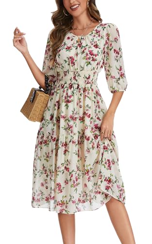 Image of Kormei Women Casual Boho Floral Round Neck 3 /4 Sleeve Smocked Waist Tiered A Line Flowy Swing Midi Dress Long Dresses
