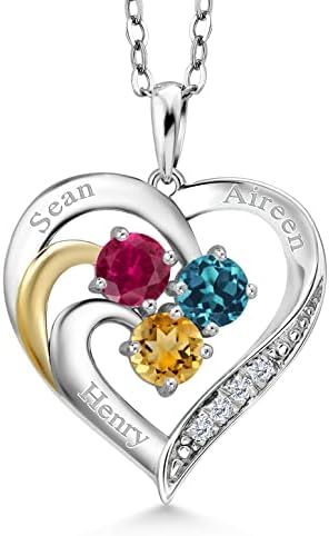 Build Your Own 925 Sterling Silver and 10K Yellow Gold Engraved Customized and Personalized 3-Stone Round Gemstone Birthstone and White Lab Grown Diamond Pendant Necklace For Women with 18 Inch Chain