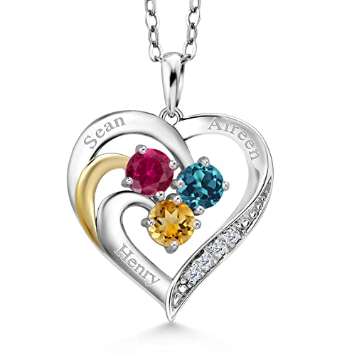 Build Your Own 925 Sterling Silver And 10K Yellow Gold Engraved Customized And Personalized 3-Stone Round Gemstone Birthstone And White Lab Grown Diamond Pendant Necklace For Women With 18 Inch Chain #TOP3