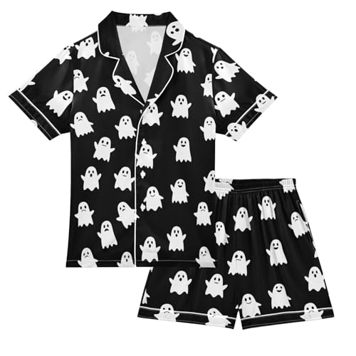Satin Pajama Sets Short Sleeve White Ghosts on Black Button Down Silky Nightwear 2 Piece PJS 5-14Y