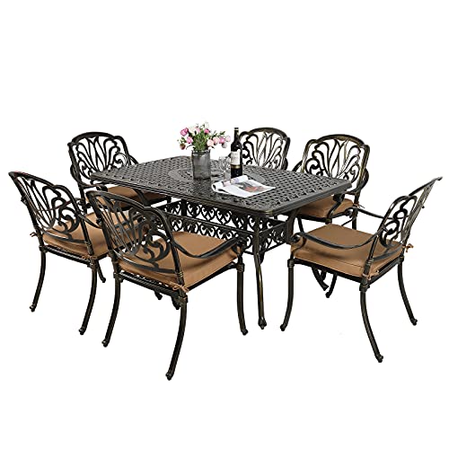 Image of MEETWARM 7-Piece Outdoor Patio Dining Set, 6 Outdoor Dining Cushioned Chairs and 1 Rectangle Table with 2 inch Umbrella Hole, All Weather Cast Aluminum Patio Funiture Set for Backyard