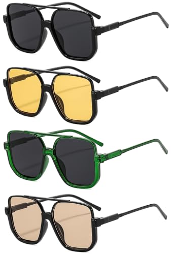 4 Pieces Retro Oversized Aviator Sunglasses for Women Men Square Semi Rimless 70s Vintage Aviator Sun Glasses